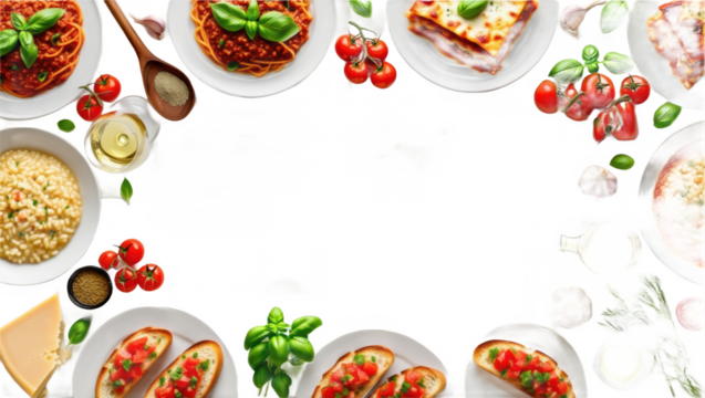 Flat lay healthy food layout with pasta, salads, grilled salmon, fresh vegetables, herbs, spices, and wine on white background. Mediterranean cuisine