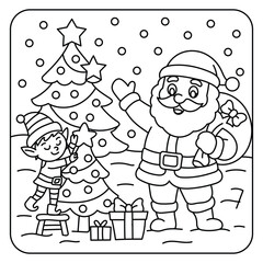 Santa Claus and Elf Decorating Christmas Tree – Holiday Coloring Page Illustration