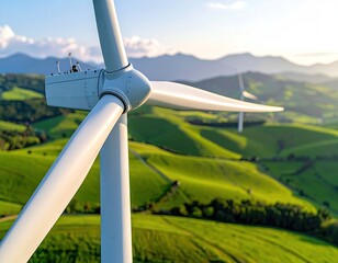 Close up Wind Turbine Blades with Green Rolling Hills and Distant Mountains at Sunny Sky