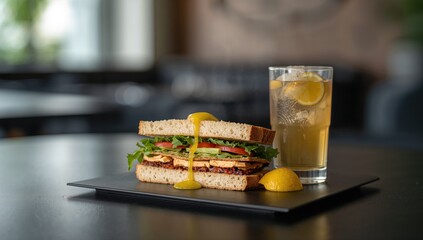 Close-up of a club sandwich with lemon juice on a dark surface, fiber-dense choice