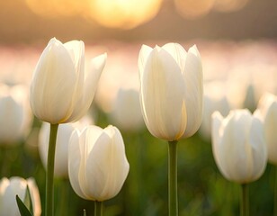 Close Up White Tulip Blossoms Illuminated by Warm Sunlight in a Field Of Flowers