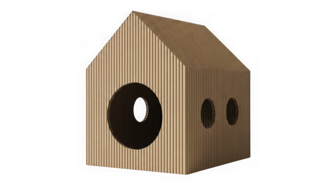 Cardboard house with circular cutouts for kids play or pet home
