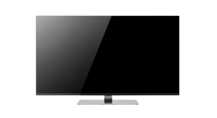 Isolated flat screen television with a sleek silver stand on a black background in studio shot