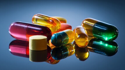 The science behind pills: how medicine transforms patient recovery. Modern style. Detailed capsules in a dynamic setting: the beauty of modern medicine. Minimal design. Large format.