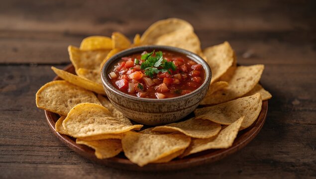 A small bowl of salsa accompanied by tortilla chips, a fiber-dense choice