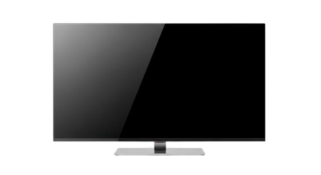Isolated flat screen television with a sleek silver stand on a black background in studio shot
