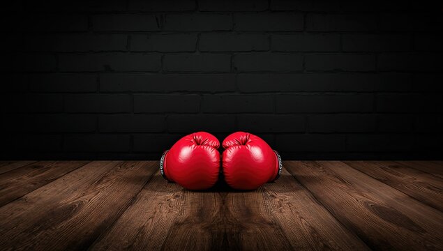 Red boxing gloves resting on a wooden surface, suitable for sports-themed decor - Powered by Adobe