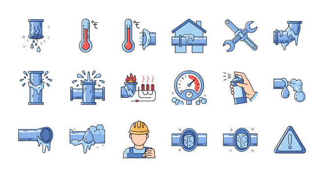Frozen pipes line icon set, outline signs for graphic and web design, apps, adverts, various cards, vector cartoon illustration with a white background. Set includes cracked pipes, thermometers