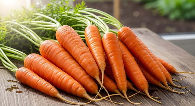 Freshly harvested carrots with vibrant green tops on rustic wood.