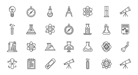 Naklejka premium A comprehensive collection of modern science-themed line icons, perfect for graphic design, websites, apps, and cards, featuring laboratory equipment like bulbs, beakers, and test tubes, alongside