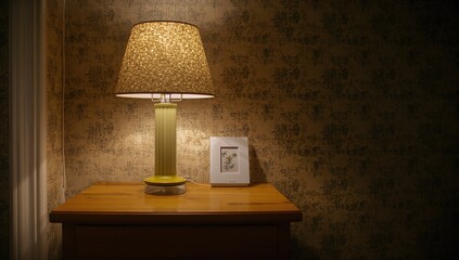 Small yellow, gray and green lamp on a wooden dresser, providing soft illumination in a warm evening setting