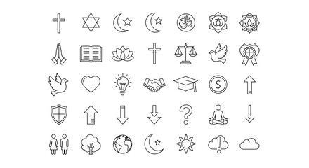 A comprehensive collection of thin line icons representing various religions, principles, and fundamental concepts, including symbols for Christianity, Judaism, Islam, Buddhism, Hinduism, peace