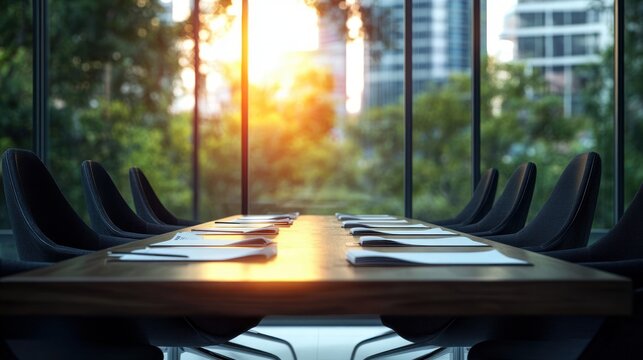 Empty modern conference room with black chairs around a long wooden table set with documents and notebooks illuminated by warm sunset light through large glass windows