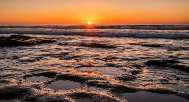 Breathtaking golden sunset over a rugged coastal landscape, as the sun dips into the tranquil ocean, illuminating tide pools and waves