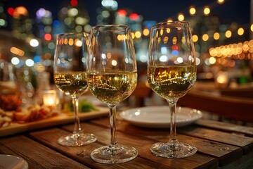 Glasses of crisp white wine sit on a rooftop bar table at night. The sparkling city skyline is beautifully blurred into a vibrant bokeh of lights.