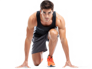 Young athletic male sprinter in starting position, wearing red sleeveless top and black shorts, focused expression, ready to run fast, isolated on transparent background