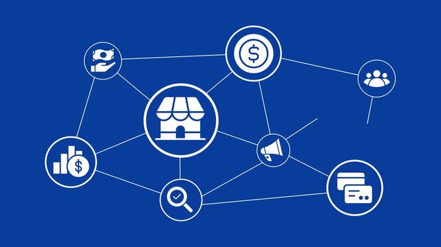 Store franchise business network connecting icons animation