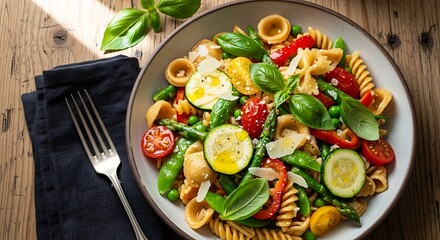 Delicious Pasta Salad with Fresh Vegetables and Basil.