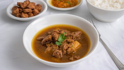 Traditional Beef Curry Dish Served with Rice Cakes for Eid Celebration