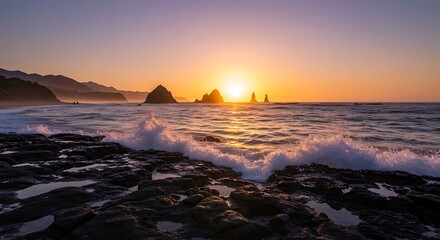 Golden Sunset Over Rocky Coastline with Crashing Waves.