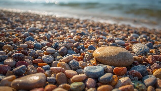 Colorful pebbles on the shore, ideal for background textures and patterns