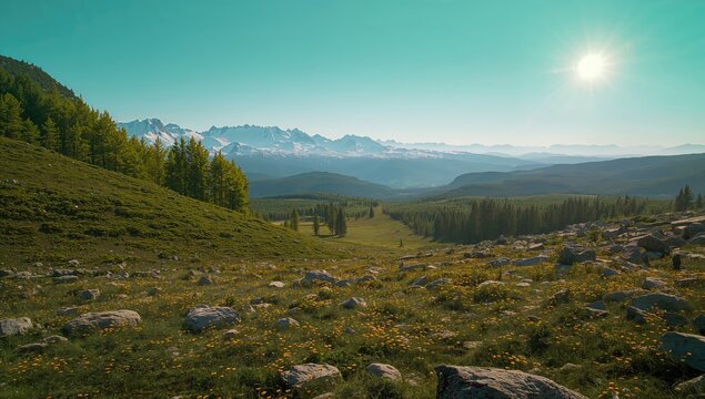 Rocks on a green mountain under a summer sky with trees and snow