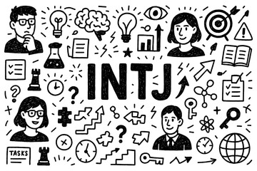 INTJ personality doodle icons with strategy and analytical thinking symbols in hand-drawn style, Transparent Background