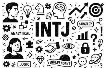 INTJ personality doodle icons with strategy and analytical thinking symbols in hand-drawn style, Transparent Background