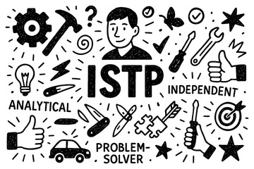 ISTP personality doodle icons with tools, problem-solving and action symbols in hand-drawn style, Transparent Background