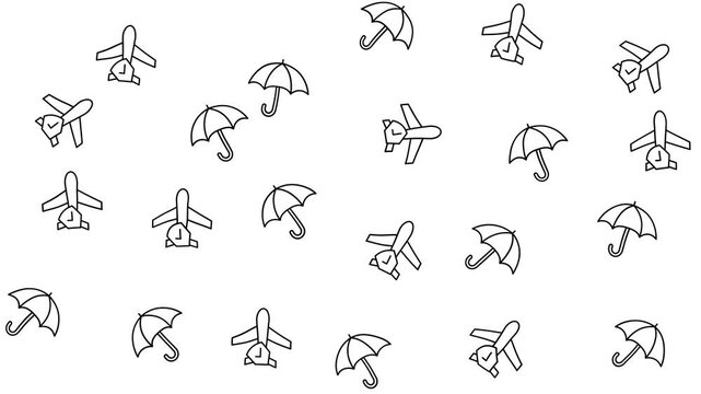Displays a simple repeating pattern of airplanes and umbrellas icons. Suitable for travelthemed designs or summer promotional materials. Aviation and beach vibe combined.