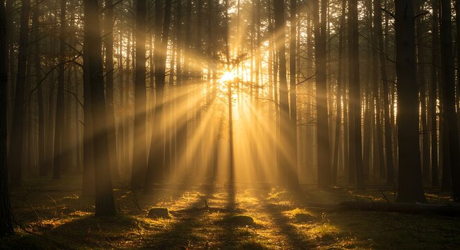 Golden Sunbeams Pierce Through Dense Forest Canopy Creating a Mystical Atmosphere.