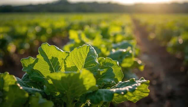 Sunlit green beet leaves, showcasing agricultural richness, seasonal change