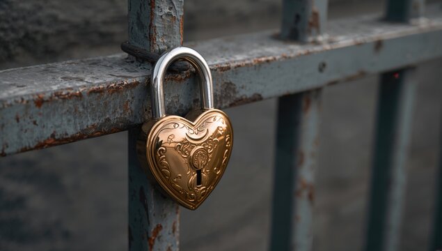 Golden Heart-Shaped Padlock Attached to a Steel Barrier