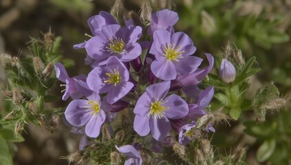 Obraz premium Bristly lilac sunbonnets (Langloisia setosissima), a tiny yearly herb from a unique genus within the Phlox family of plants.