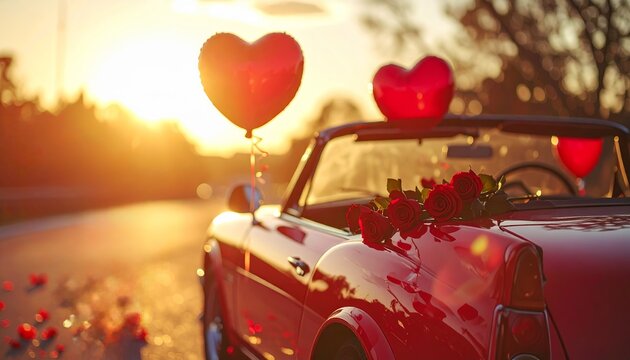 Romantic red convertible car with roses and heart balloons on a road at golden sunset. Valentine's Day concept for love, romance, travel, and celebration.