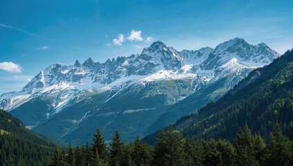 Fototapeta premium Scenic landscape featuring snow-covered peaks and vibrant greenery, seasonal change