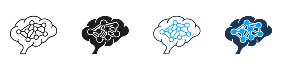 Brain Network Cloud Intelligence Line and Solid Icon Set. Neural Connections Artificial Thinking Symbol Collection. Isolated Vector Illustration