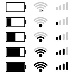 Battery, wifi and mobile network icons in a clean, minimal style, ideal for apps, UI, UX and digital interfaces. Battery icon set. Wi-Fi icons Set. Battery, WiFi, network, icons.