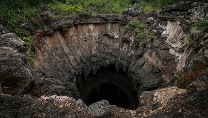 Fototapeta premium Large karst sinkhole revealing an abandoned limestone mine, erosion risk
