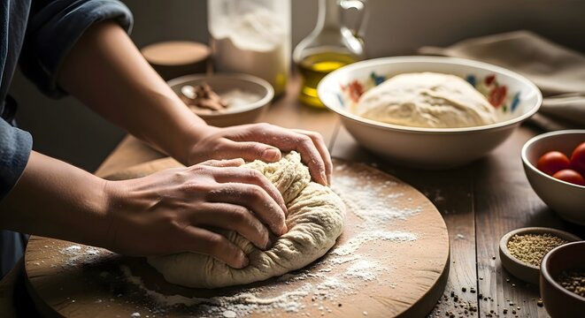 Close-up of strong hands kneading bread dough on a wooden table, flour flying in warm sunlight. Authentic handmade baking moment.