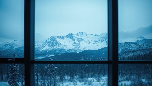 Interior scene seen through a glass pane, showcasing snowy peaks in the distance under a serene, chilly blue ambiance. - Powered by Adobe