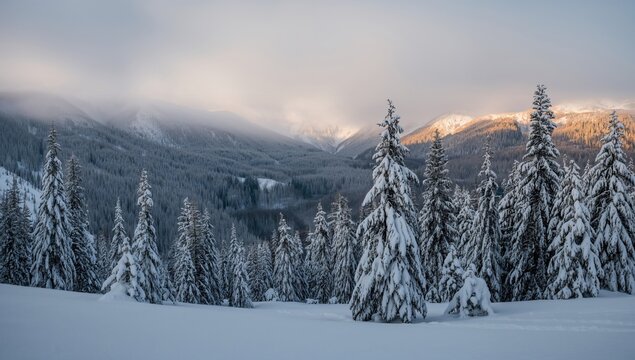Snow-covered pine trees in a winter landscape, highlighting seasonal change