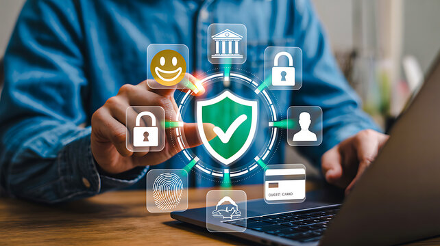 A user ensures cybersecurity and data privacy with a secure online banking network, protecting personal information, transactions, and customer trust.