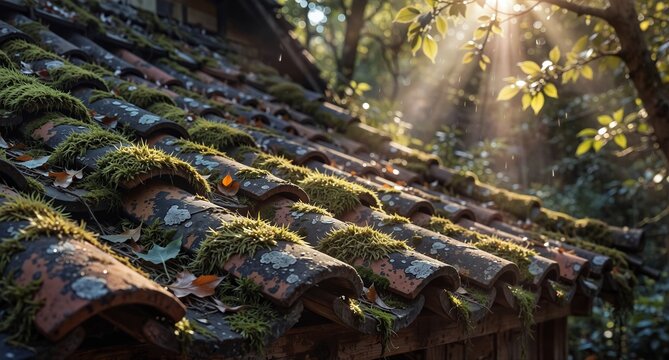 moss covered terracotta roof tiles with sunlight filtering through trees in a lush forest.