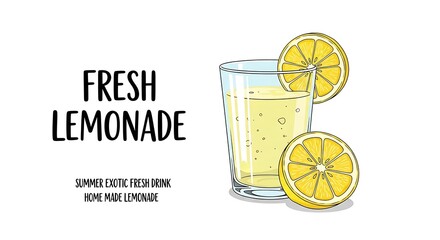 Fresh Lemonade Illustration - Summer Drink with Lemon Slices.