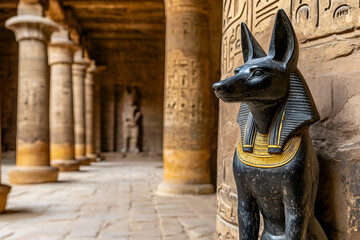 Ancient egyptian temple with anubis statue and hieroglyphic columns