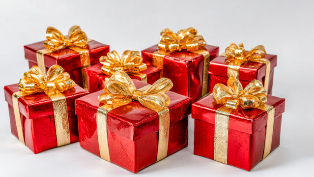 Colorful gift boxes arranged creatively for a festive celebration with shiny golden ribbons and bright red wrapping at a cheerful gathering