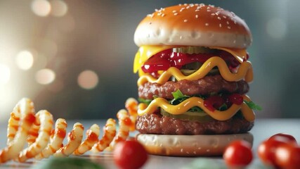 Video A juicy hamburger served with ketchup, mustard, and crisp lettuce