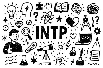 INTP personality doodle icons with logic and analytical thinking symbols in hand-drawn style, Transparent Background