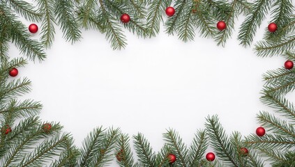 Christmas-themed white backdrop featuring fir branches adorned with red ornaments, ideal for seasonal design